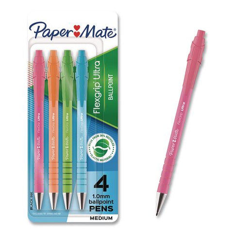 Flexgrip Ultra Recycled Ballpoint Pen, Retractable, Medium 1 Mm, Black Ink, Assorted Barrel Colors, 4/pack