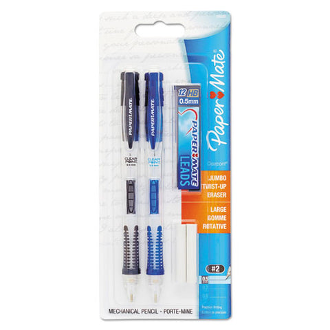 Clear Point Mechanical Pencils With Tube Of Lead/erasers, 0.5 Mm, Hb(#2), Black Lead, Randomly Assorted Barrel Colors, 2/pack