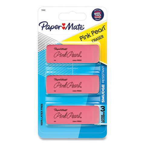 Pink Pearl Eraser, For Pencil Marks, Rectangular Block, Medium, Pink, 3/pack