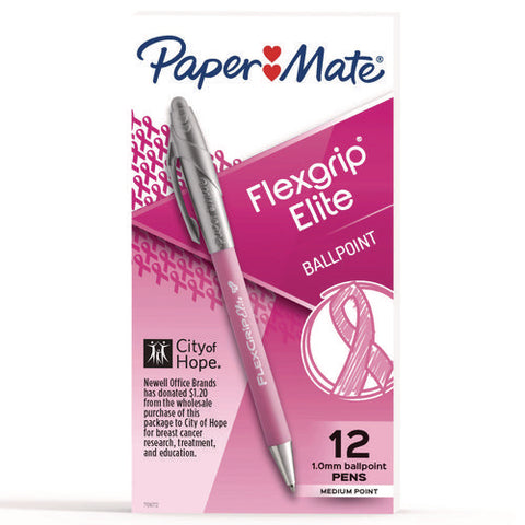 "write For Hope" Edition Flexgrip Elite Ballpoint Pen, Breast Cancer, Retractable, Medium 1 Mm, Black Ink, Pink Barrel, Dozen