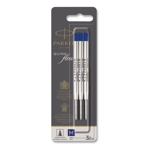 Quinkflow Refill For Parker Ballpoint Pen, Medium Conical Tip, Blue Ink, 3/pack