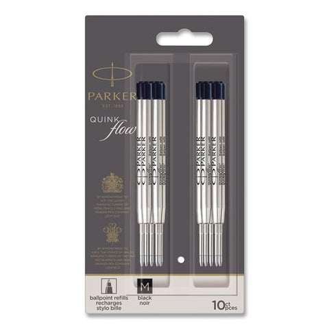 Quinkflow Refill For Parker Ballpoint Pen, Medium Conical Tip, Black Ink, 10/pack