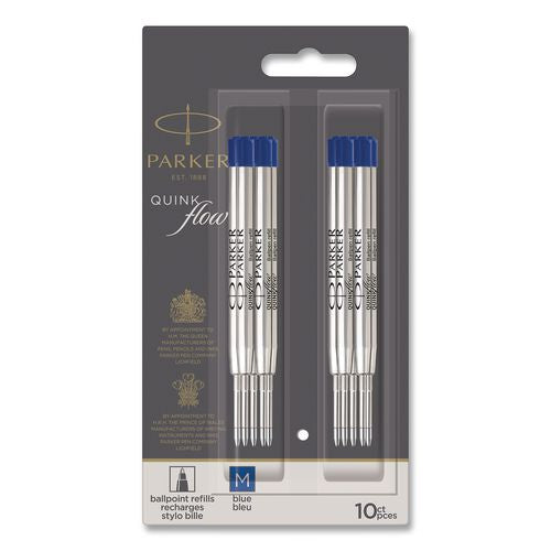 Quinkflow Refill For Parker Ballpoint Pen, Medium Conical Tip, Blue Ink, 10/pack