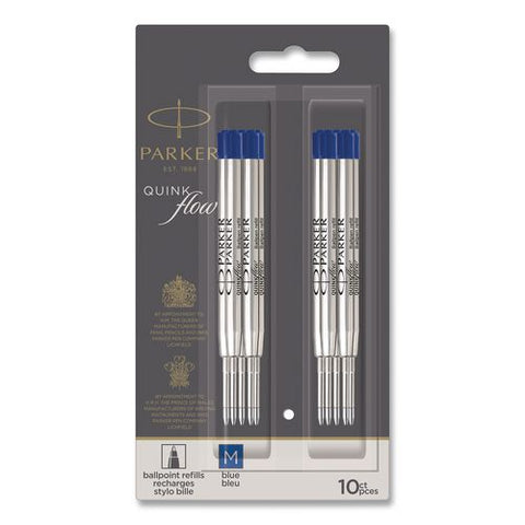 Quinkflow Refill For Parker Ballpoint Pen, Medium Conical Tip, Blue Ink, 10/pack