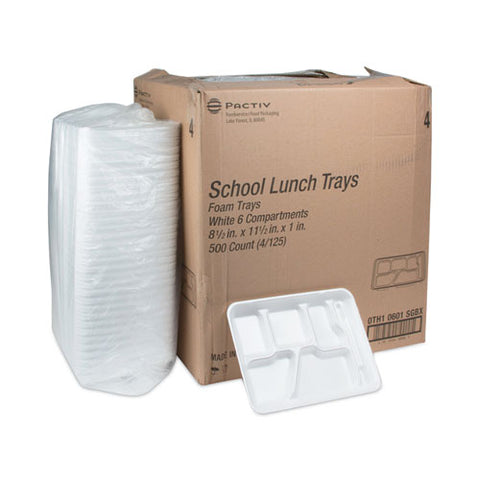 Foam School Trays, 6-compartment Tray, 8.5 X 11.5 X 1.25, White, 500/carton