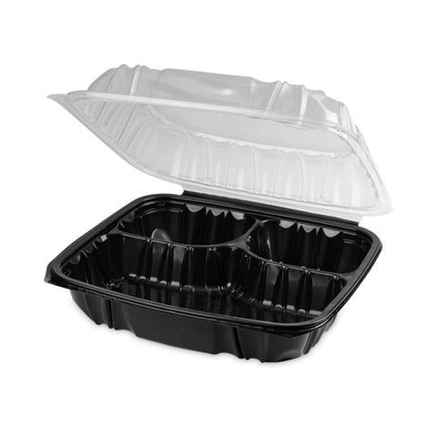 Earthchoice Vented Dual Color Microwavable Hinged Lid Container, 3-compartment 34oz, 10.5x9.5x3, Black/clear, Plastic, 132/ct