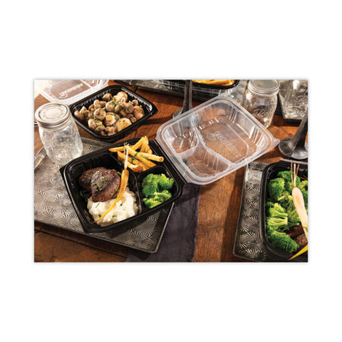 Earthchoice Vented Dual Color Microwavable Hinged Lid Container, 3-comp Base/lid, 34 Oz, 10.5x9.5x3, Blk/clr, Plastic, 132/ct