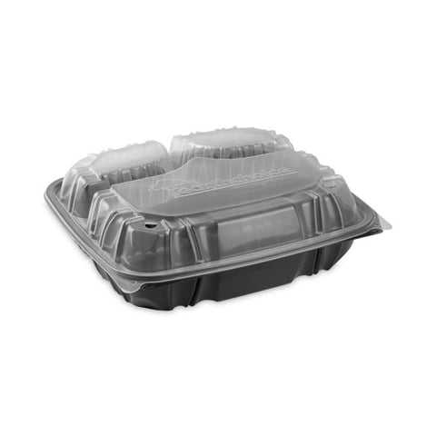 Earthchoice Vented Dual Color Microwavable Hinged Lid Container, 3-comp Base/lid, 34 Oz, 10.5x9.5x3, Blk/clr, Plastic, 132/ct