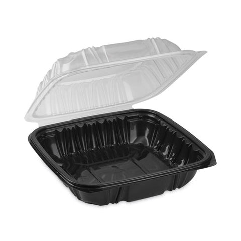 Earthchoice Vented Dual Color Microwavable Hinged Lid Container, 1-compartment, 38oz, 8.5x8.5x3, Black/clear, Plastic, 150/ct