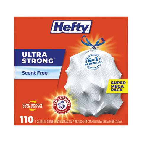 Ultra Strong Tall Kitchen Trash Bags, Drawstring, 13 Gal, 23.75" X 24.88", White, 110 Bags/box, 3 Boxes/carton