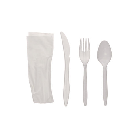 Fieldware Cutlery, Individually Wrapped, Fork, Knife, Teaspoon, Napkin, White, 250/carton