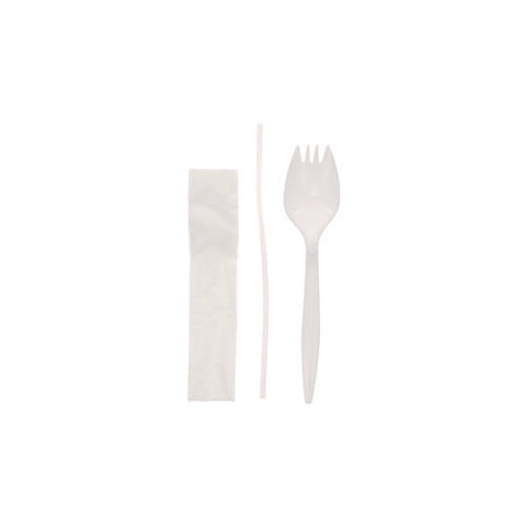 Fieldware Cutlery Kit, 5.5" Spork, 10 X 8 Napkin, Standard Straw, Mediumweight, White, 1,000/carton