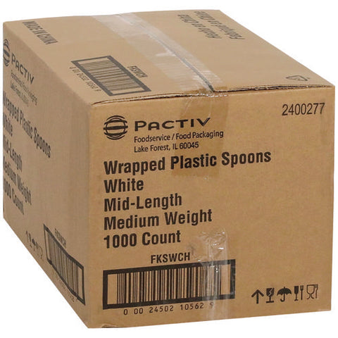 Fieldware Cutlery, Individually Wrapped, Mediumweight Spoon, Plastic, White, 1,000/carton