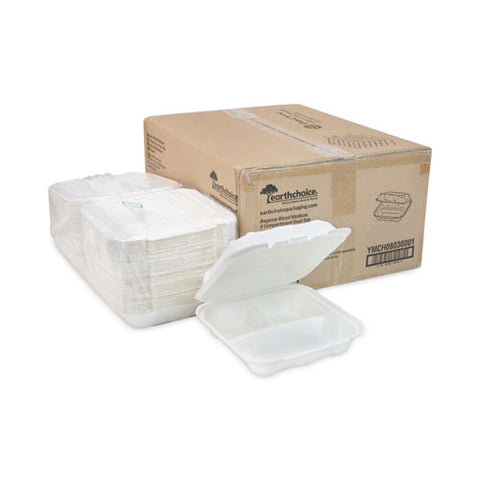 Earthchoice Bagasse Hinged Lid Container, 3-compartment, Dual Tab Lock, 7.8 X 7.8 X 2.8, Natural, Sugarcane, 150/carton