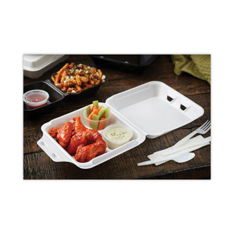 Vented Foam Hinged Lid Container, Dual Tab Lock, 3-compartment, 9.13 X 9 X 3.25, White, 150/carton