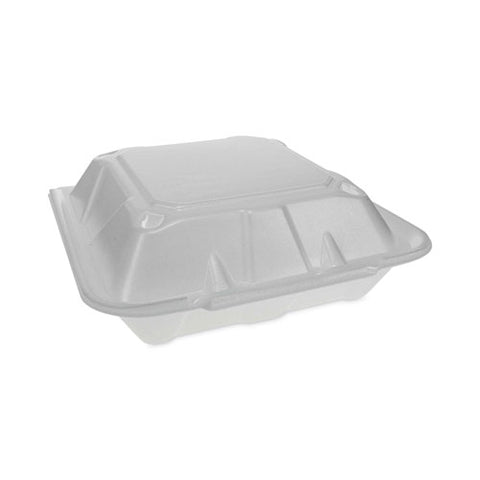 Vented Foam Hinged Lid Container, Dual Tab Lock Economy, 3 Compartments, 9.13 X 9 X 3.25, White, 150/carton