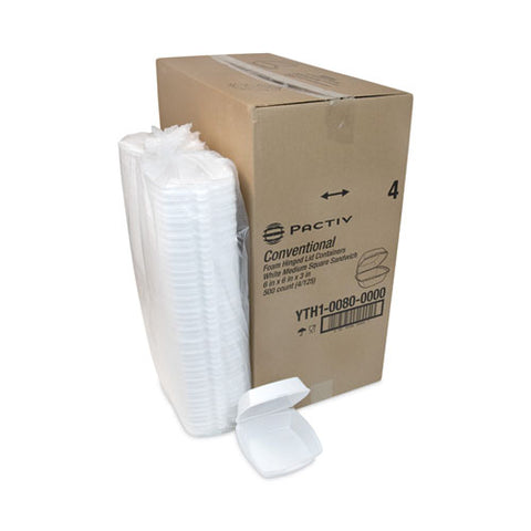 Foam Hinged Lid Container, Single Tab Lock, 6.38 X 6.38 X 3, White, 500/carton