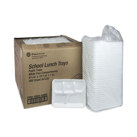 Foam School Trays, 5-compartment Tray, 8.25 X 10.5 X 1, White, 500/carton