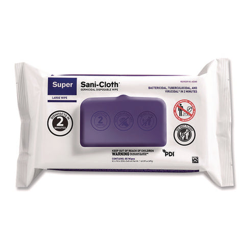 Super Sani-cloth Germicidal Disposable Wipes, Large, 1-ply, 8.2 X 9.8, Unscented, White, 80/pack