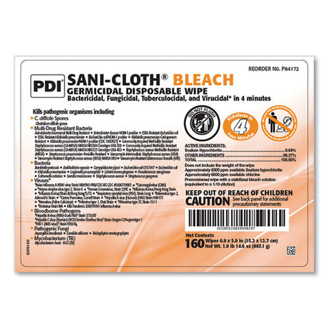 Sani-cloth Bleach Germicidal Disposable Wipes, 1-ply, 6 X 5, Unscented, White, 160/canister, 12 Canisters/carton