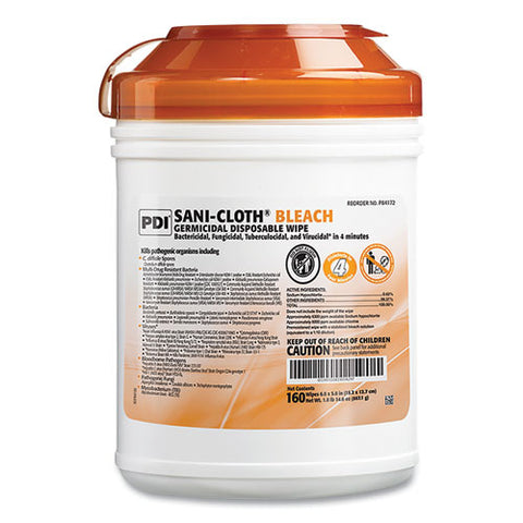 Sani-cloth Bleach Germicidal Disposable Wipes, 1-ply, 6 X 5, Unscented, White, 160/canister, 12 Canisters/carton