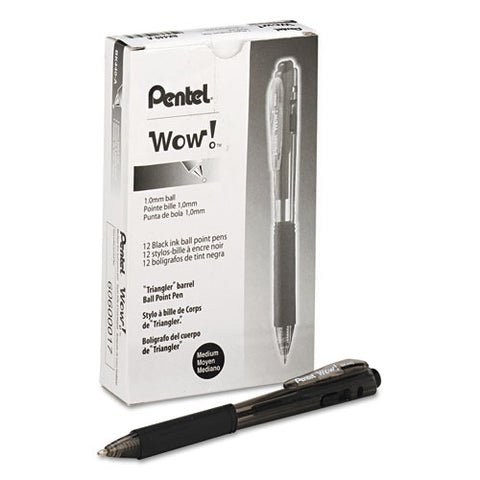 Wow! Ballpoint Pen, Retractable, Medium 1 Mm, Black Ink, Smoke/black Barrel, Dozen