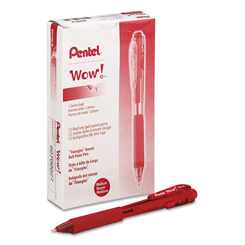 Wow! Ballpoint Pen, Retractable, Medium 1 Mm, Red Ink, Translucent Red/red Barrel, Dozen