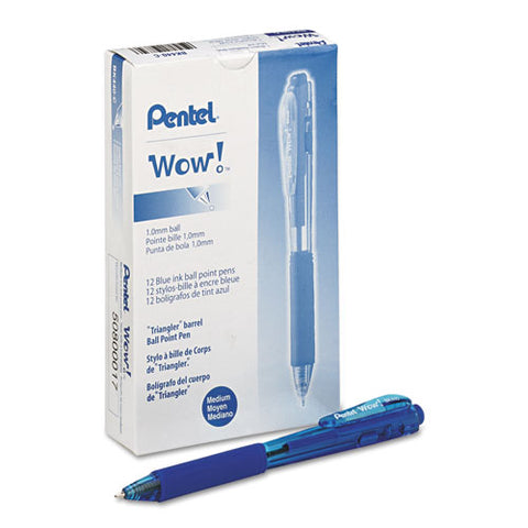 Wow! Ballpoint Pen, Retractable, Medium 1 Mm, Blue Ink, Translucent Blue/blue Barrel, Dozen