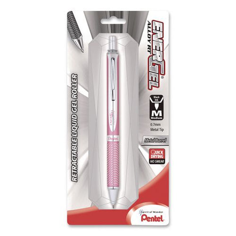 Energel Alloy Rt Gel Pen, Retractable, Medium 0.7mm, Black Ink, Pink Barrel