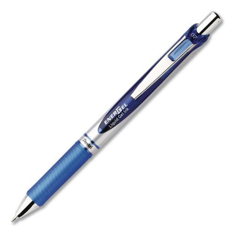 Energel Rtx Deluxe Gel Pen, Retractable, Medium 0.7 Mm, Blue Ink, Silver/blue Barrel, Dozen
