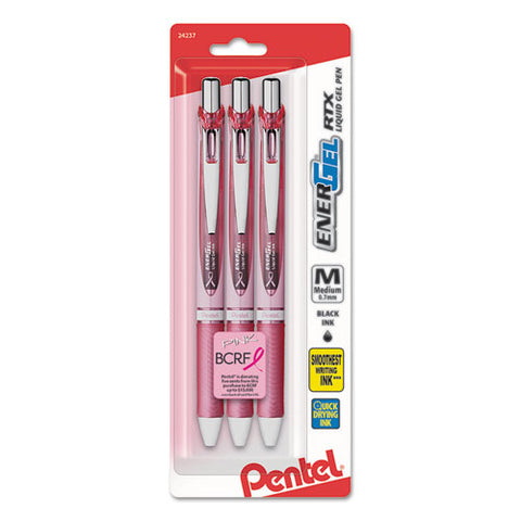 Energel Rtx Gel Pen, Breast Cancer Awareness, Retractable, Medium 0.7 Mm, Black Ink, Pink/silver Barrel, 3/pack