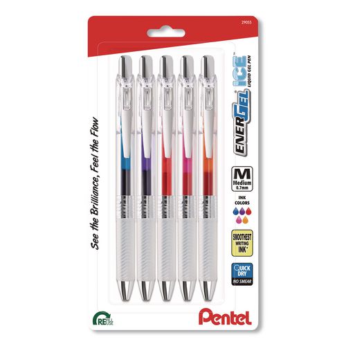 Energel Ice Rtx Liquid Gel Pen, Retractable, 0.7 Mm Medium, Assorted Ink, Clear Barrel, 5/pack