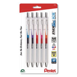 Energel Ice Rtx Liquid Gel Pen, Retractable, 0.7 Mm Medium, Assorted Ink, Clear Barrel, 5/pack