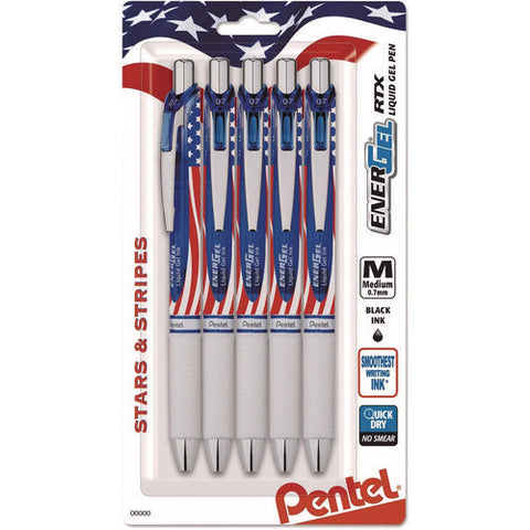 Energel Rtx Gel Pen, Retractable, Medium 0.7 Mm, Black Ink, Stars And Stripes Barrel, 5/pack