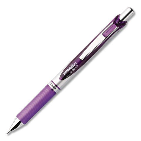 Energel Rtx Deluxe Gel Pen, Retractable, Medium 0.7 Mm, Violet Ink, Silver/violet Barrel, Dozen