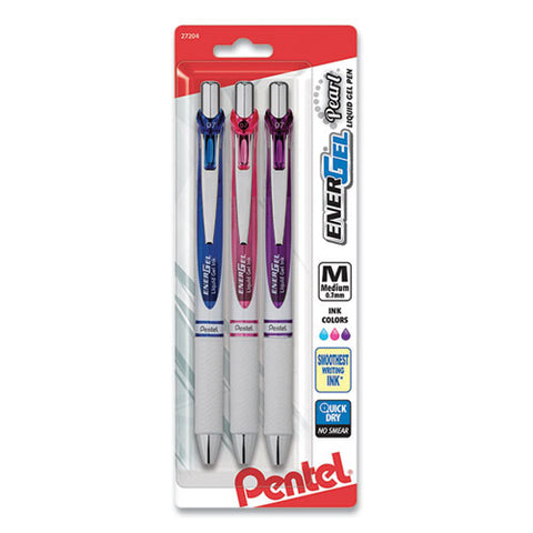 Energel Pearl Gel Pen, Retractable, Medium 0.7 Mm, Assorted Ink And Barrel, 3/pack