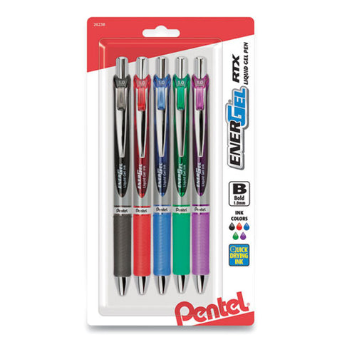 Energel Rtx Gel Pen, Retractable, Bold 1 Mm, Assorted Ink And Barrel Colors, 5/pack