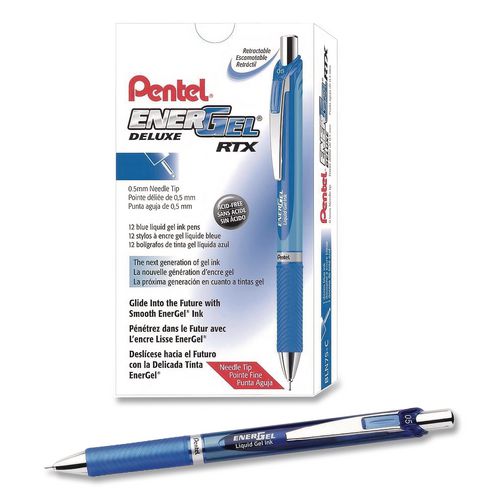 Energel Rtx Deluxe Gel Pen, Retractable, Fine 0.5 Mm, Blue Ink, Blue Barrel, Dozen