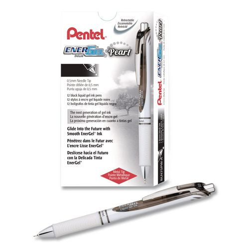 Energel Pearl Deluxe Rtx Gel Pen, Retractable, Fine 0.5 Mm, Black Ink, Pearl White/black Barrel, Dozen