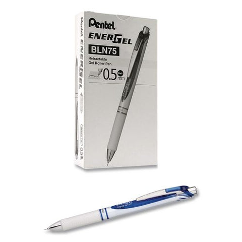 Energel Pearl Deluxe Rtx Gel Pen, Retractable, Fine 0.5 Mm, Blue Ink, Pearl White/black Barrel, Dozen