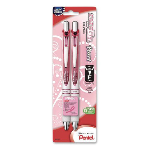 Energel Pearl Deluxe Pink Special Edition Liquid Gel Pen, Retractable, Fine 0.5mm, Black Ink, White Pearl/pink Barrel, 2/pack