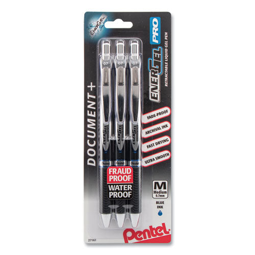 Energel Pro Hybrid Gel Pen, Retractable, Medium 0.7 Mm, Blue Ink, Black Barrel, 3/pack