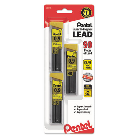 Super Hi-polymer Lead Refills, 0.9 Mm, Hb, Black, 30/tube, 3 Tubes/pack