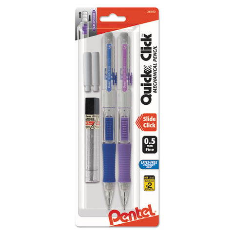 Quick Click Mechanical Pencils With Tube Of Lead/erasers, 0.5 Mm, Hb (#2), Black Lead, Assorted Barrel Colors, 2/pack