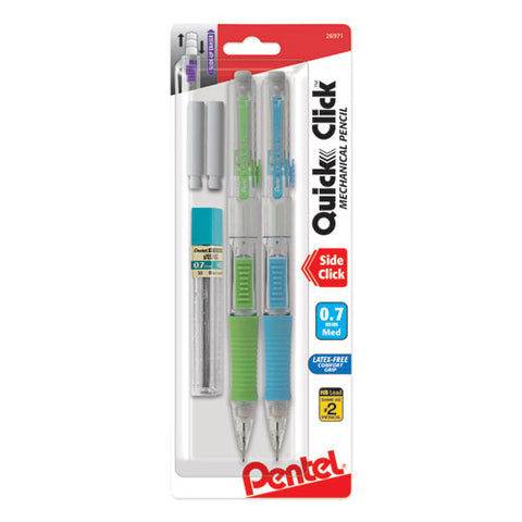 Quick Click Mechanical Pencils With Tube Of Lead/erasers, 0.7 Mm, Hb (#2), Black Lead, Assorted Barrel Colors, 2/pack