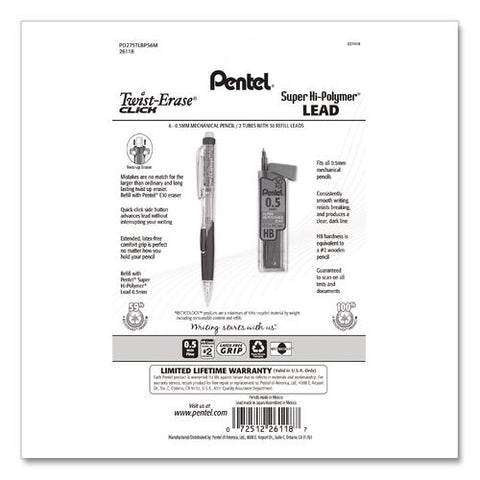 Twist-erase Click Mechanical Pencil, 0.5 Mm, Hb (#2), Assorted Barrel Colors, 6/pack