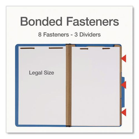 Heavy-duty Pressboard Classification Folder, 2/5-cut Tab: Right, Expands 3", 3 Dividers, 8 Fasteners, Legal Size, Blue, 10/bx