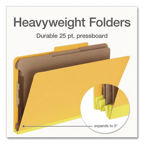 Heavy-duty Pressboard Classification Folder, 2/5-cut Tab, Expands 3", 3 Dividers, 8 Fasteners, Legal Size, Yellow, 10/box