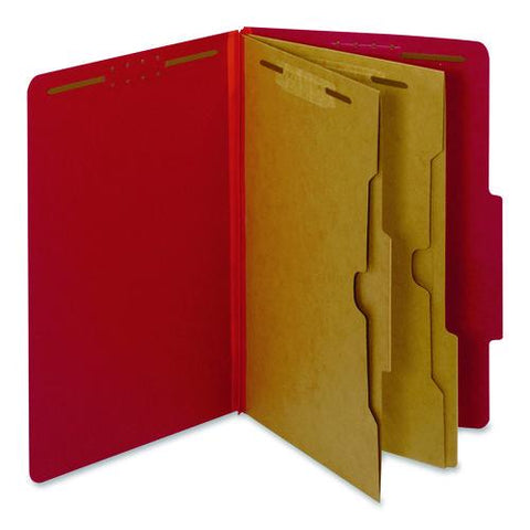 Colored Pressboard Top Tab Classification Folders, 2.5" Expansion, 2 Dividers, 6 Fasteners, Legal Size, Bright Red, 10/box