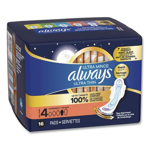 Ultra Thin Overnight Pads With Wings, Size 4, Overnight Absorbency, 16/pack, 6 Packs/carton